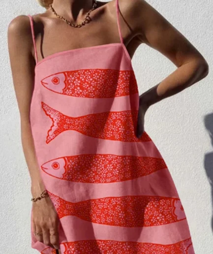 Brunch Women's Bohemian Vacation Wear Spring Summer Beach Women's Fashion Casual Vacation Backless Fish Print A-Line Skirt