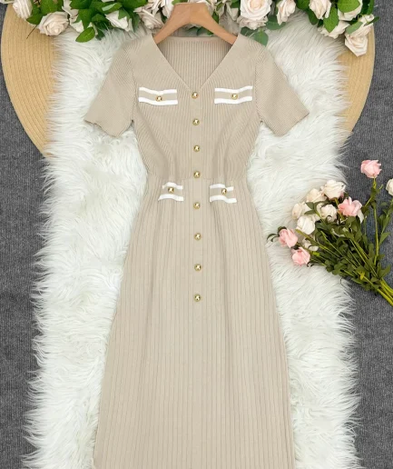 Elegant Ladies' V-Neck Knitted Dress Summer Autumn Short Sleeve Casual Slim Women's Dress Button Decoration Simple Natural