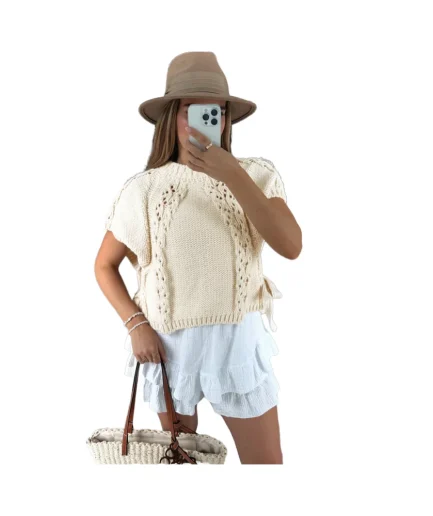 Women's Summer Chic Vintage Sweater O Neck  with New Hollow Tether Casual Woven Knit Tops with Decoration